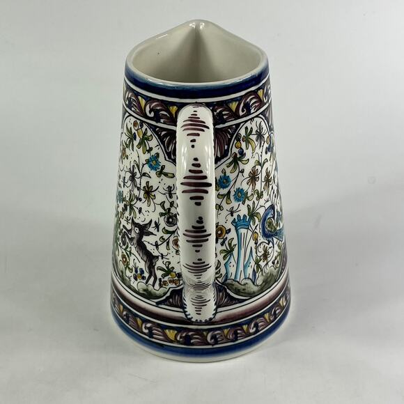 Ceramicas De Coimbra Portugal Pitcher Hand Painted Floral Deer Bird Motif 8" - Picture 4 of 13